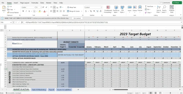 BlueSkies home cleaning budget spreadsheet template for cleaning businesses.