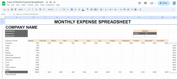 Spreadsheet Point monthly expenses spreadsheet template.