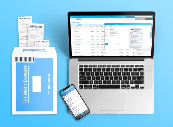 Shoeboxed desktop app and envelope with receipts